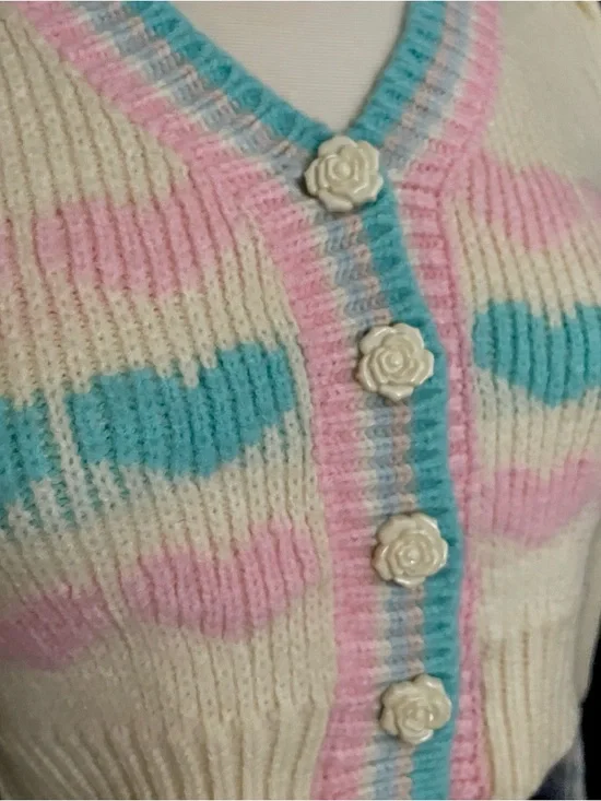 Cream Cropped Cardigan with Pink & Blue Heart Motif - Picture 3 of 4